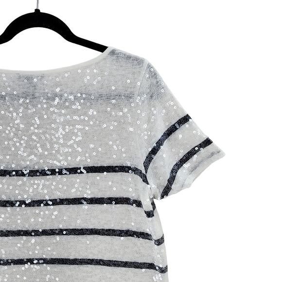 Express Sequin Women's Blouse Knit White Navy Stripe Short Sleeve Top Medium - Picture 3 of 8